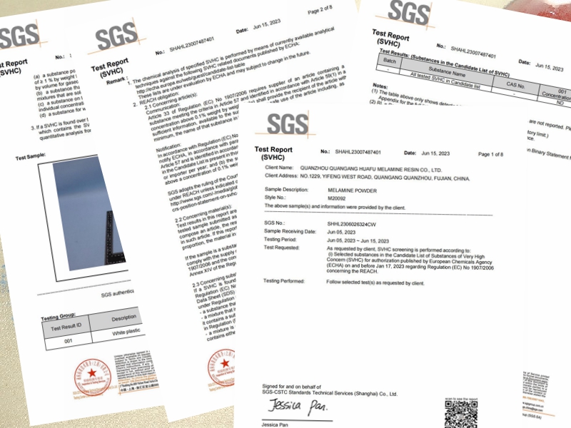 Certificado SGS de resina de melamina Huafu